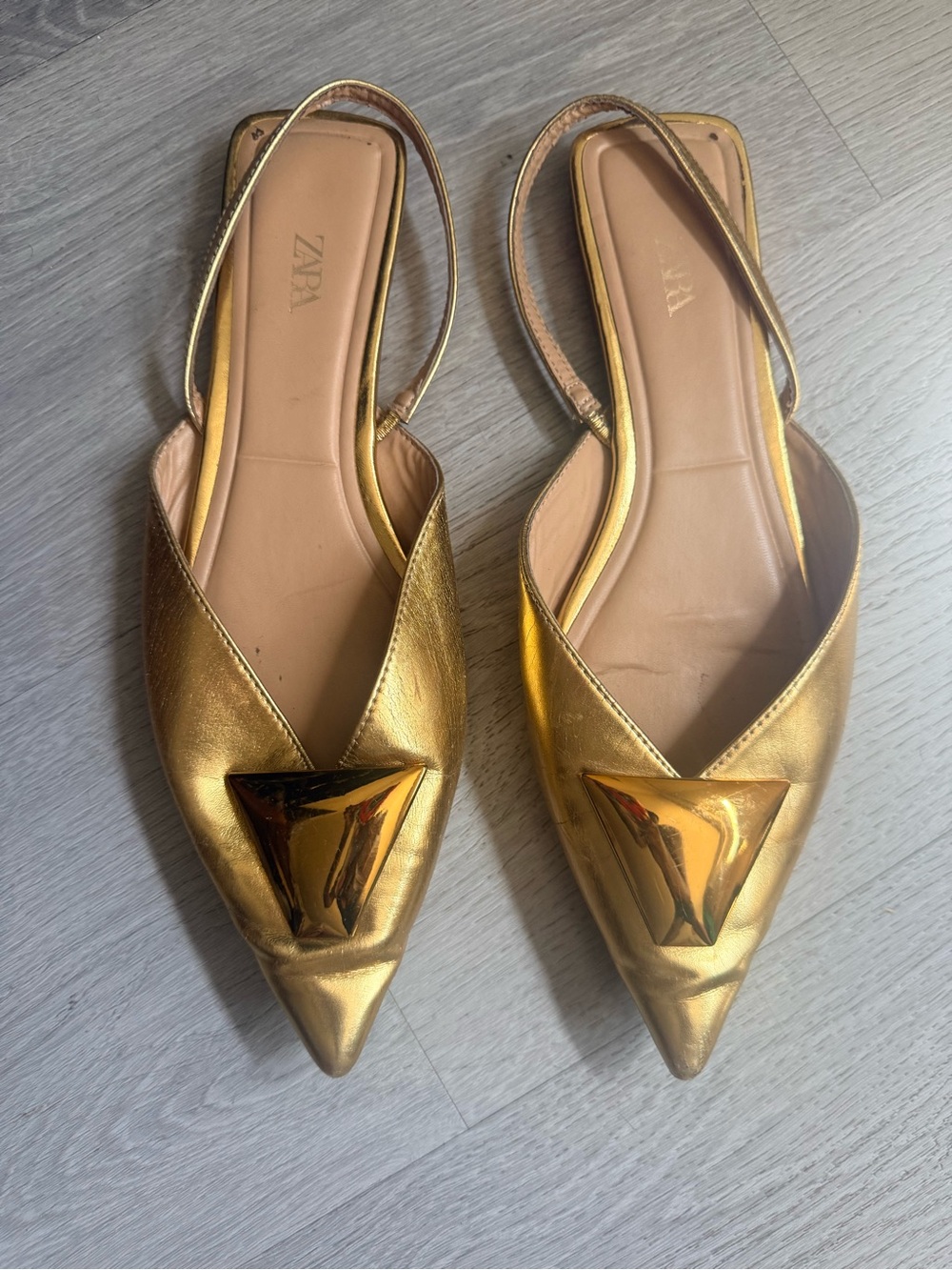 ZARA Metallic Gold Pointed Slingback Flats with Gold Accent - Picture 1 of 1
